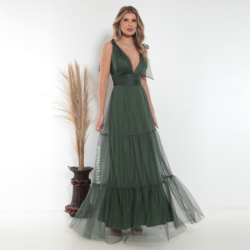 Vestido De Amarrar Três Marias VESTIDO LONGO PETRA FINA VERDE OLIVA P
